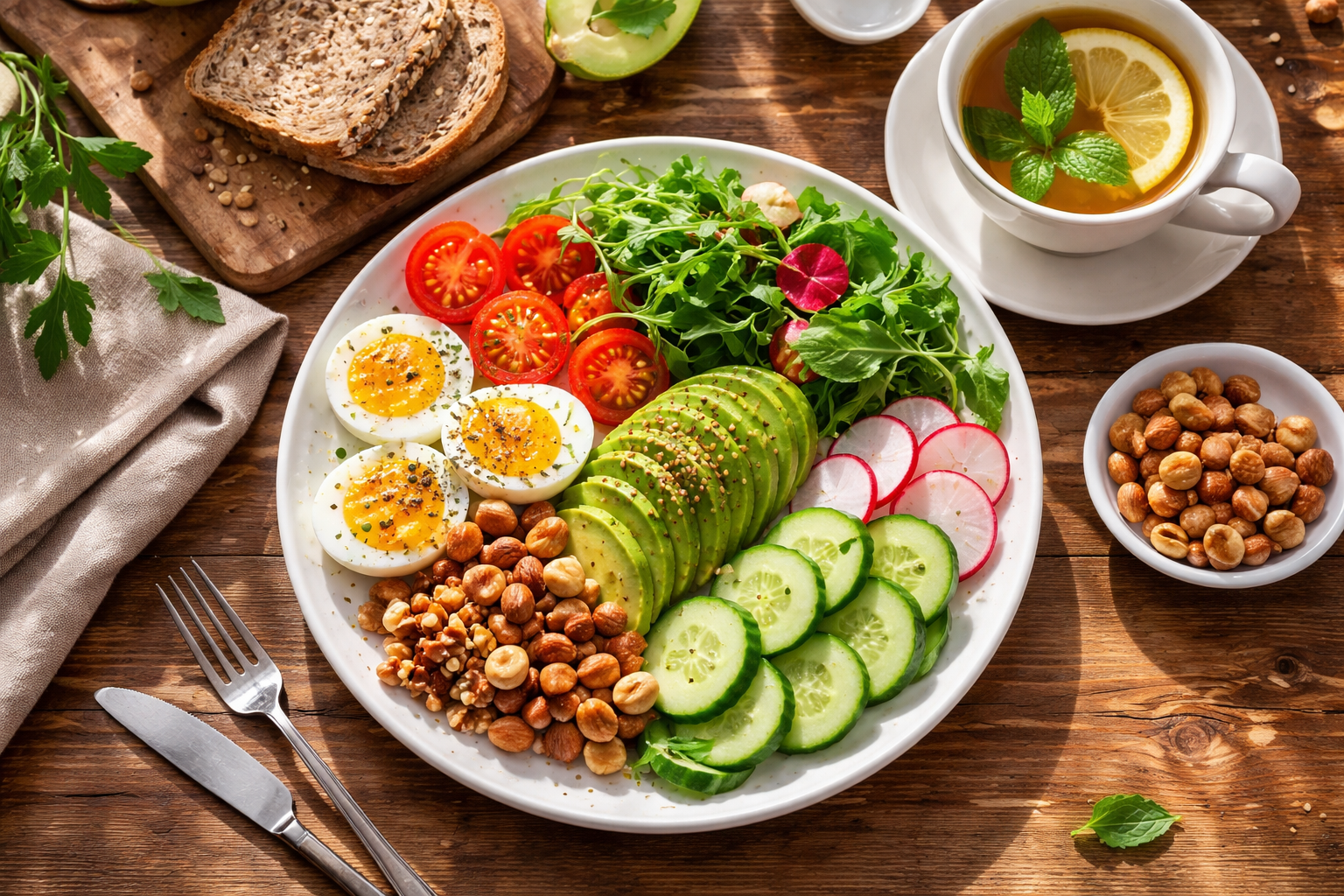 healthy breakfast plate with fresh vegetables, whole grain bread, avocado, nuts, and herbal tea on wooden table, natural morning light, top view