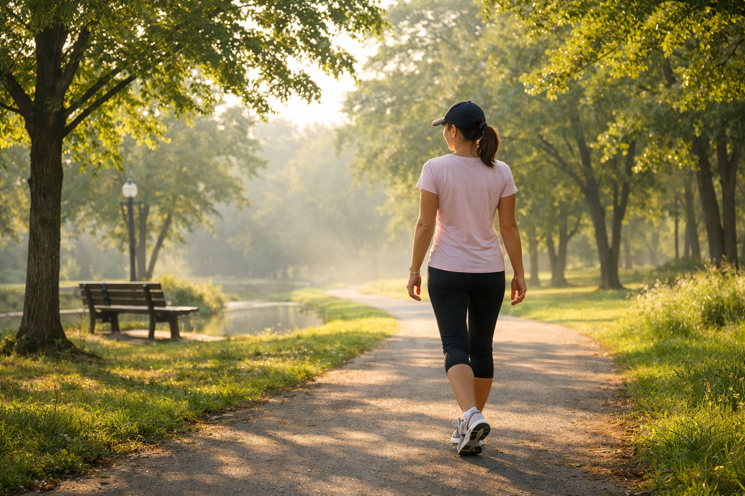 person doing gentle morning walk in park with green trees, peaceful atmosphere, soft natural light, outdoor exercise, healthy lifestyle concept